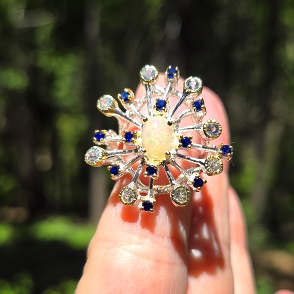 Opal sapphire & Topaz sterling & gold snowflake ring sz6.5